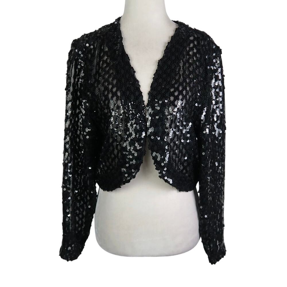 Vintage 80s A. Brod Black Sequin Crop Shrug Bolero Jacket Medium